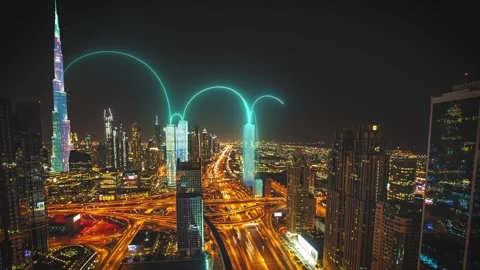 Connected City Nightscape with Digital Data Flow Lines Vídeos de archivo 331045472