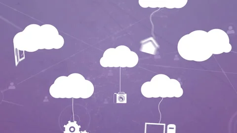 Connected cloud icons and devices over purple animation digital network Stock Footage 305293199