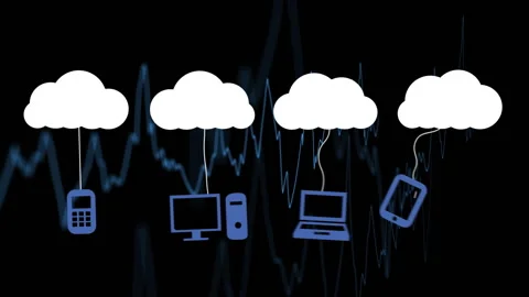 Connected to cloud icons, devices illustrating cloud computing concept with data Stock Footage 306201642