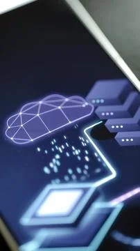 Connected cloud pours data toward raised processor Stock Photos