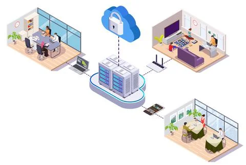 Connected to cloud storage people work at office, home, cafe. Remote work, data Stock Illustration