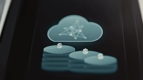 Connected cloud symbol floats above three blue coin stacks carrying white Stock Footage 343374426