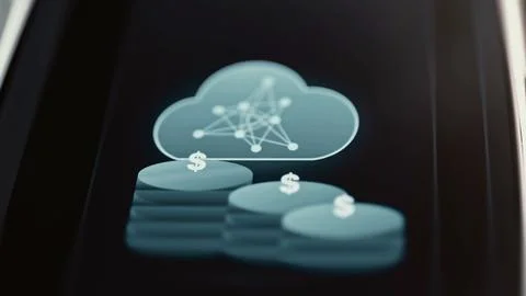 Connected cloud symbol floats above three blue coin stacks carrying white 库存照片