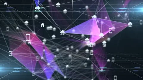 Connected communications network infrastructure cloud big data polygon render Stock Illustration