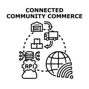 Connected community commerce delivering products globally Illustrazione stock