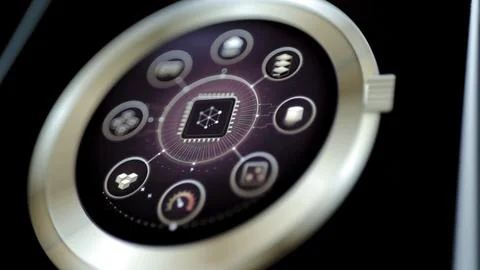 Connected computing wheel fills dark touchscreen Stock Photos