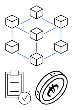 Connected cube network representing blockchain, checklist with checkmark symb 스톡 일러스트