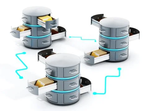 Connected data servers with open file racks. 3D illustration Stock Illustration