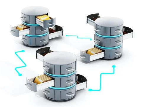 Connected data servers with open file racks. 3D illustration Connected dat... Foto stock