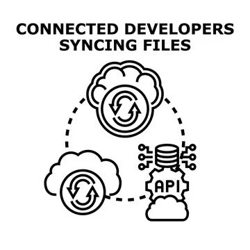 Connected developers syncing files using cloud api integration Stock Illustration
