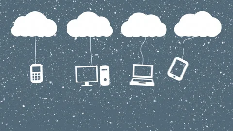 Connected devices to cloud, cloud computing animation over falling snow Stock Footage 304932701