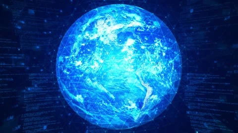 Connected Digital Earth Globe with Plexus Network, Binary Code and Data Streams Stockbeeldmateriaal 335809745
