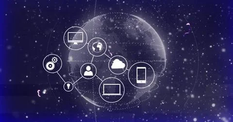 Connected digital network icons with image over globe and binary code background 스톡 일러스트