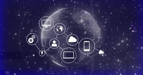 Connected digital network icons over globe with image in starry space background Stock Illustration