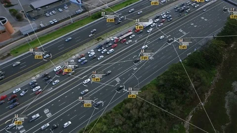 Connected driverless or autonomous car aerial view. Network. Stock Footage