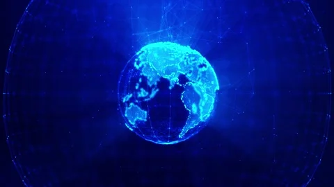 Connected earth polygon data visual cyan globe, wire lines, node network, and da Stock Footage 340526387