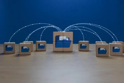 Connected folder icons, data exchange concept, data distribution, blockchain Stock Photos