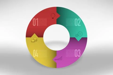 Connected four steps timeline infographics in circular shape with arrows. Stock Illustration