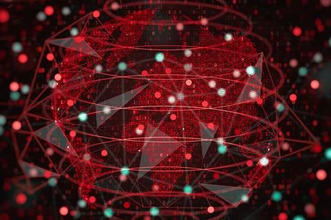 Connected global nodes and binary streams visualize cybersecurity, blockchain 스톡 일러스트