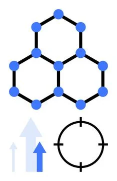 Connected hexagons forming a network, with blue nodes and black lines. Upward Stock Illustration
