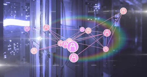 Connected icons in animation over servers in data center environment Stock Footage 304839831