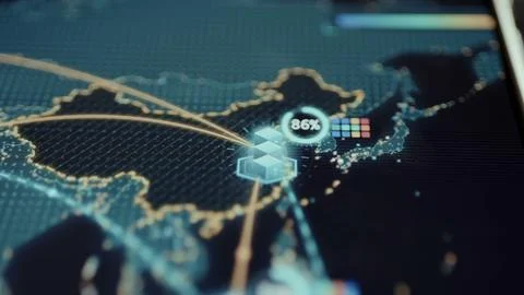 Connected infrastructure node over Japan displays utilization readings Fotos Stock