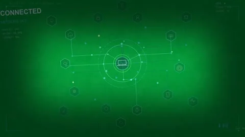 On CONNECTED laptop UI growing linking hexes pulsing node mapping network on Stock Footage 333907615