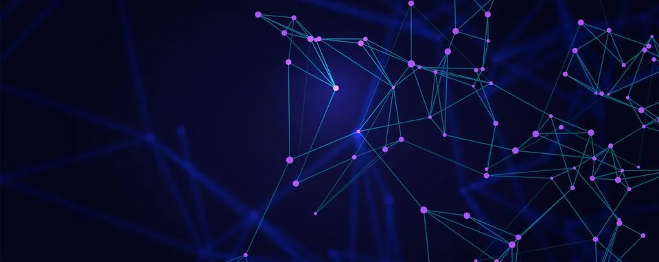 Connected lines with glowing dots. Abstract dark blue background. Mesh in ple 스톡 일러스트