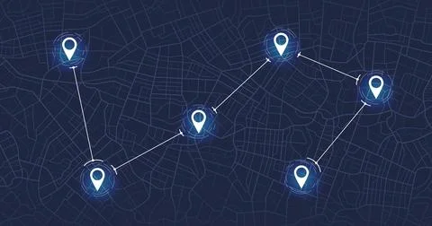 Connected location pins on dark blue urban map background. Vector 스톡 일러스트
