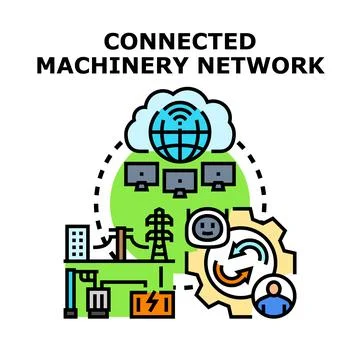 Connected machinery network optimizing industrial production process Stock Illustration