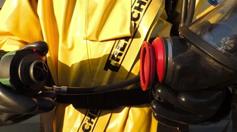 Connected to the mask protective suit lung machine, chemical biological prote Video stock 49071865