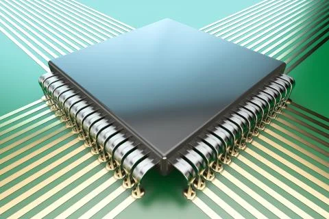 Connected microprocessor. Gold tracks on the circuit board. Stock Illustration