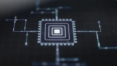 Connected microprocessor symbol with illuminated circuit pathways Видео 342488918