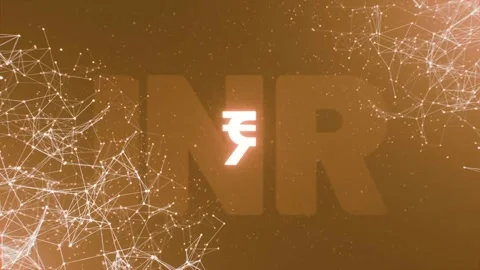 Connected moving lines and INR currency symbol. Rotating neon Indian Rupee sign Stock Footage 266724123