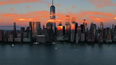 Connected network animation over Manhattan at sunset Stock Footage 346333548
