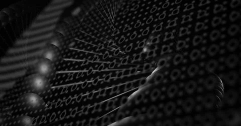 Connected network of shiny spheres and rods pulsating in data space, with bin Stock Illustration