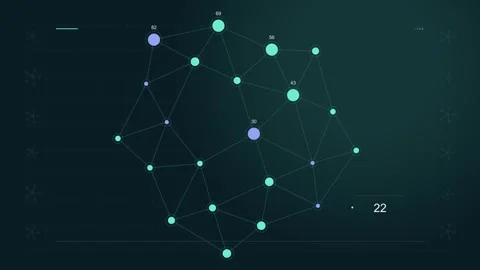 Connected Node Constellation with Cyan and Blue Points on a Dark Teal Network Stock Footage 348633359