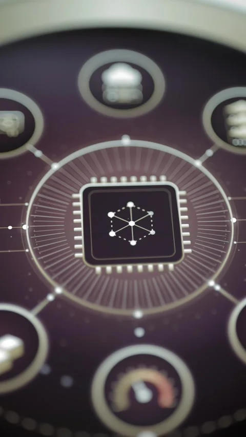 Connected node pattern fills central processor chip Video stock 344105682