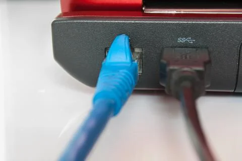 Connected patch cable to laptop, plug with internet cable and laptop Stock Photos