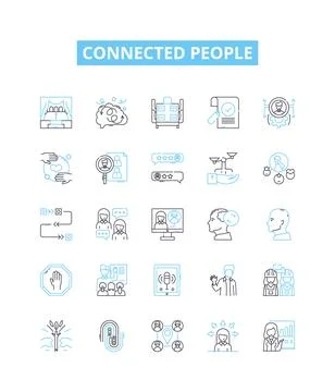 Connected people vector line icons set. Networking, Socializing, Linked Stock Illustration