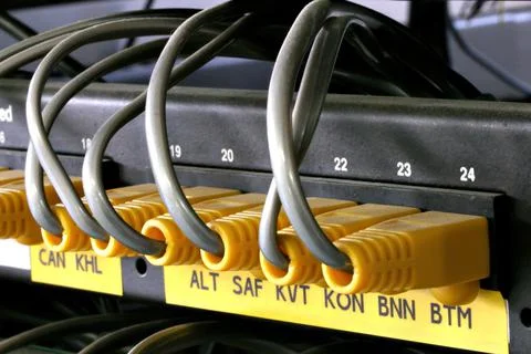 Connected plugs in the patch panel Stock Photos
