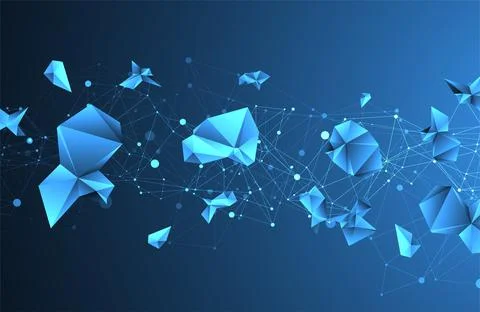 Connected polygons. Glowing blue plexus vector background, digital data visua Illustrazione stock