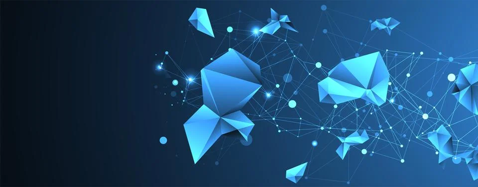 Connected polygons. Glowing blue plexus vector background, digital data visua 스톡 일러스트