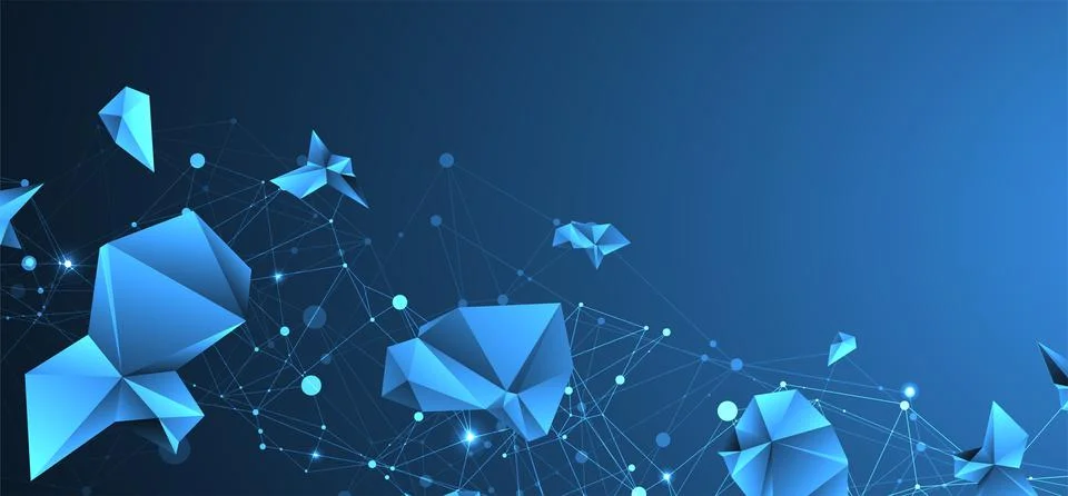 Connected polygons. Glowing blue plexus vector background, digital data visua Illustrazione stock