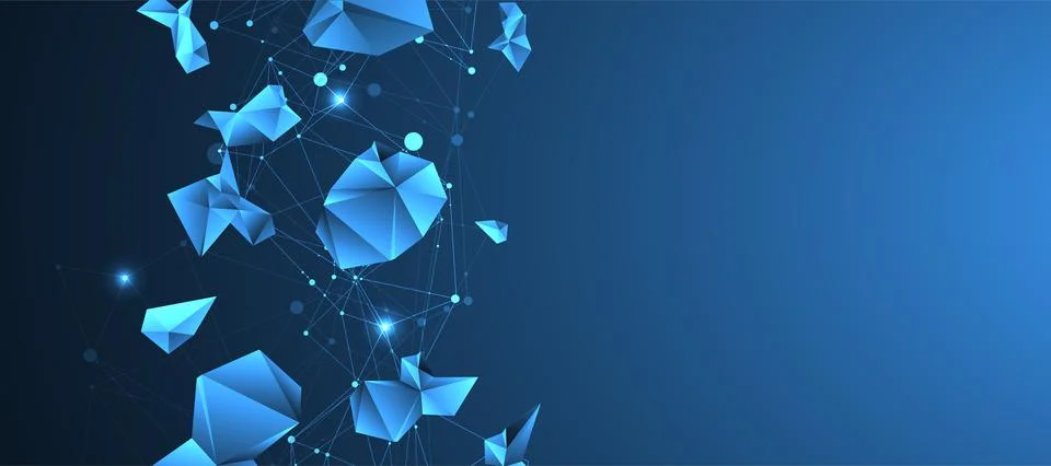 Connected polygons. Glowing blue plexus vector background, digital data visua 스톡 일러스트