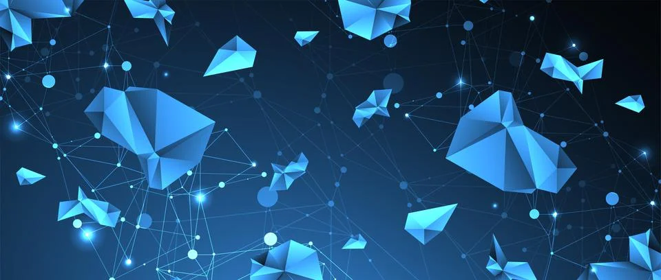 Connected polygons. Glowing blue plexus vector background, digital data visua Illustrazione stock