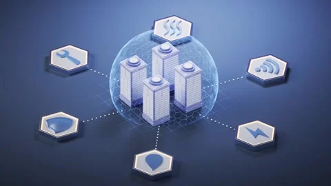 Connected smart buildings with hexagonal icons representing services like W.. Stock Footage 332388822