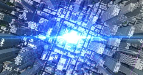 Connected smart city from above with technology network visualization. Stock Footage 328114534