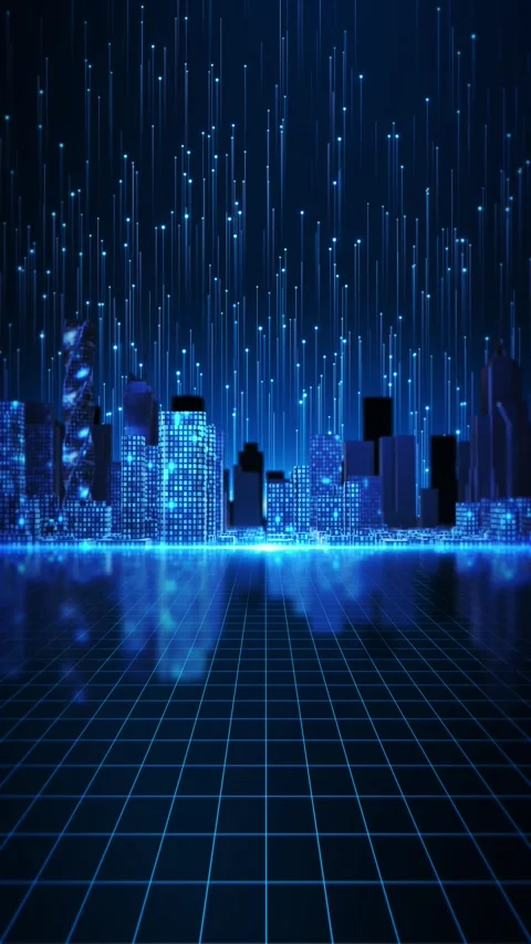 Connected Smart City with IoT Data Signals and Digital Grid Stock Footage 342612333