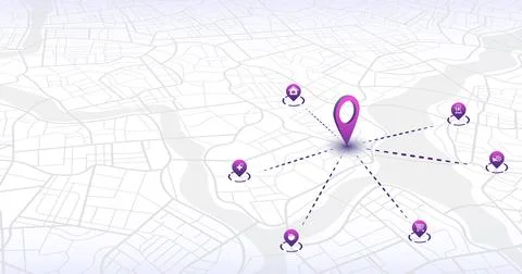 Connected smart city map with purple location markers. Isometric layout Illustration